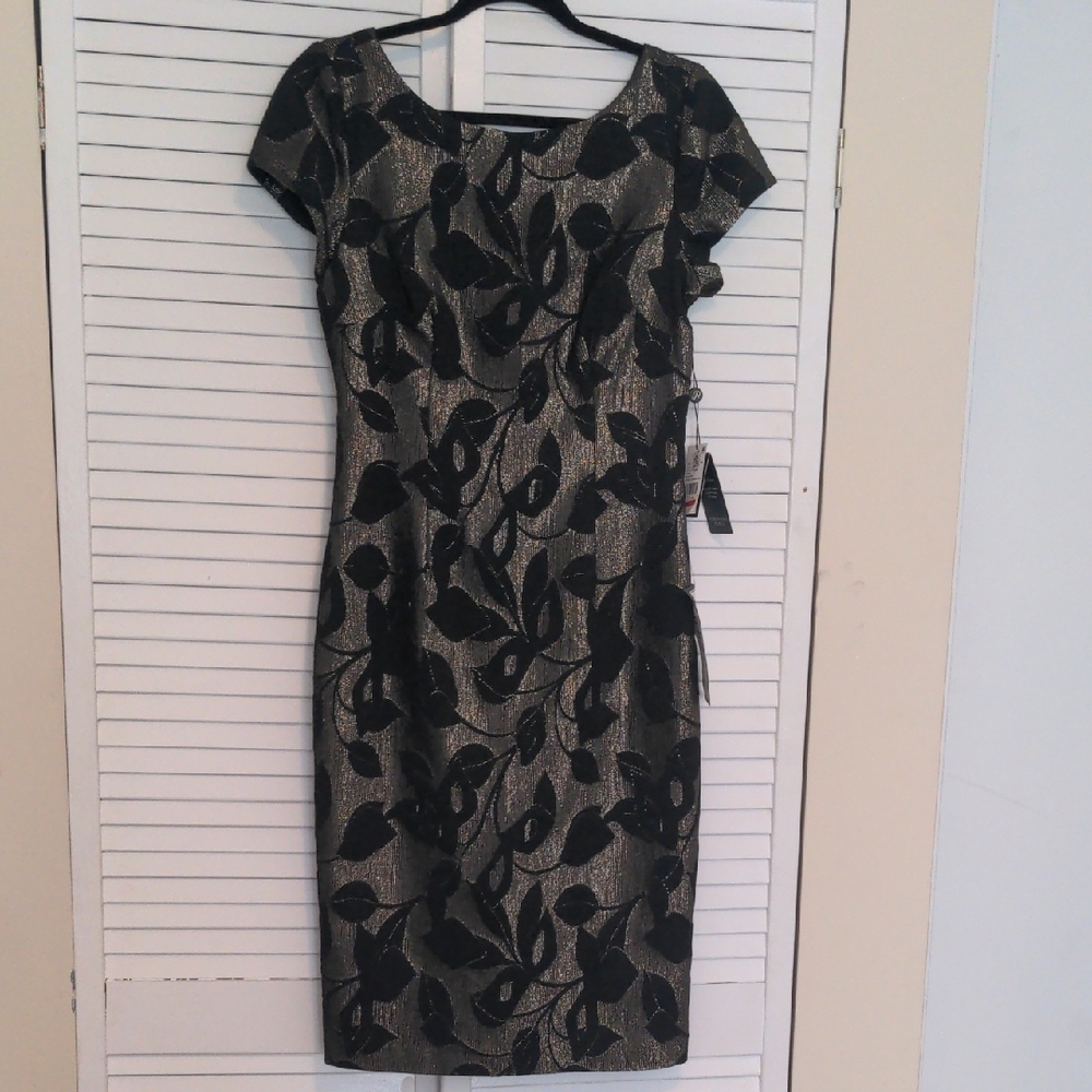 Adrianna Papell Black and Gold Floral Midi Dress